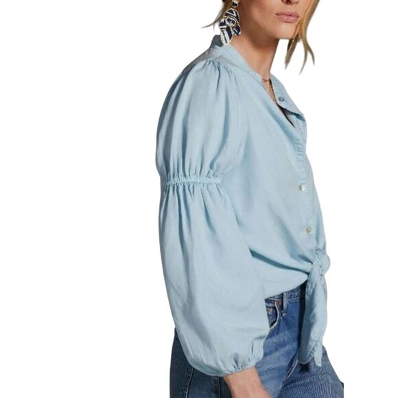 Anthropologie Amadi puff sleeve blouse L tencel Romantic Bohemian Blue Peasant - Picture 3 of 13